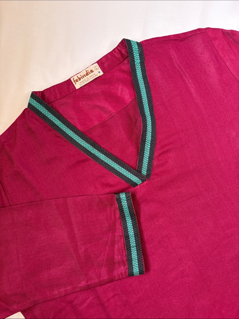 Fabindia Silk Blend A-Line Dress Women’s L Magenta Teal Navy Blue Trim Artisan